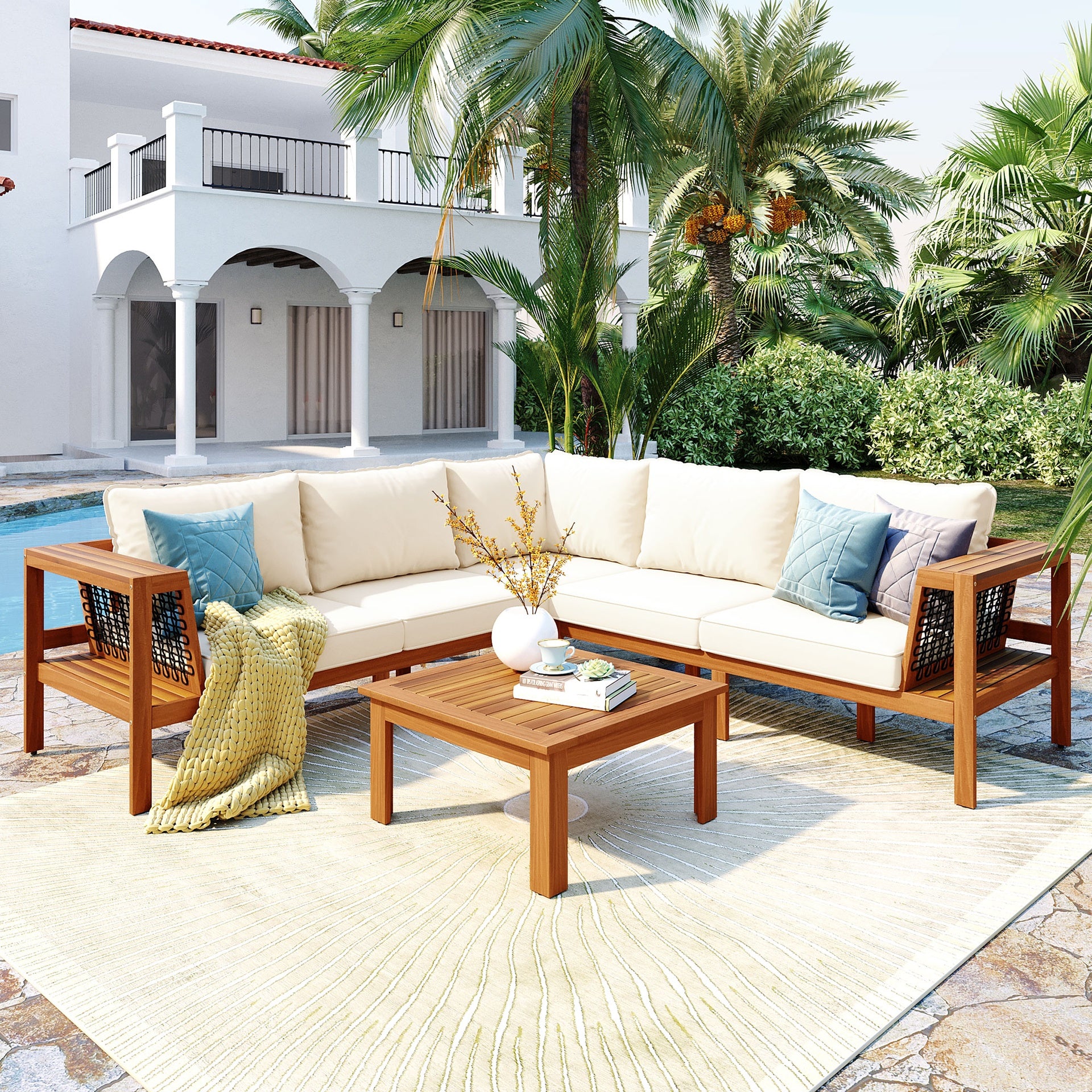 GO 4 Pieces Outdoor Acacia Wood Sofa Set, Woven Mesh Armrests, L-Shaped Patio Furniture Sofa Set with Coffee Table, Outdoor Conversation Set with Gray Cushions and Side Table, Teak Color Look