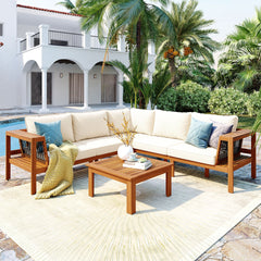 GO 4 Pieces Outdoor Acacia Wood Sofa Set, Woven Mesh Armrests, L-Shaped Patio Furniture Sofa Set with Coffee Table, Outdoor Conversation Set with Gray Cushions and Side Table, Teak Color Look