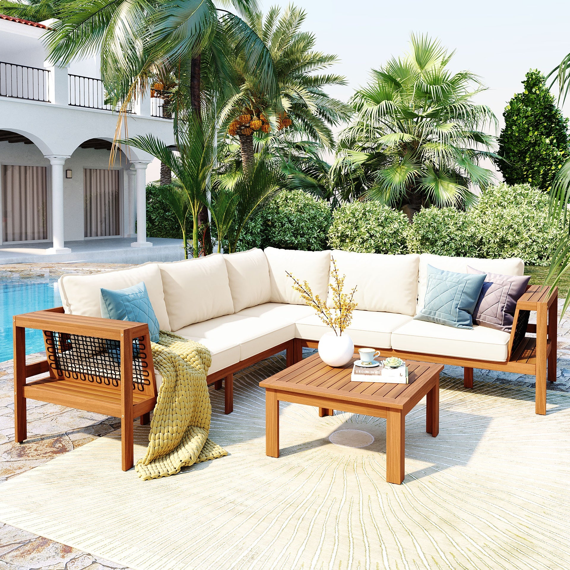 GO 4 Pieces Outdoor Acacia Wood Sofa Set, Woven Mesh Armrests, L-Shaped Patio Furniture Sofa Set with Coffee Table, Outdoor Conversation Set with Gray Cushions and Side Table, Teak Color Look