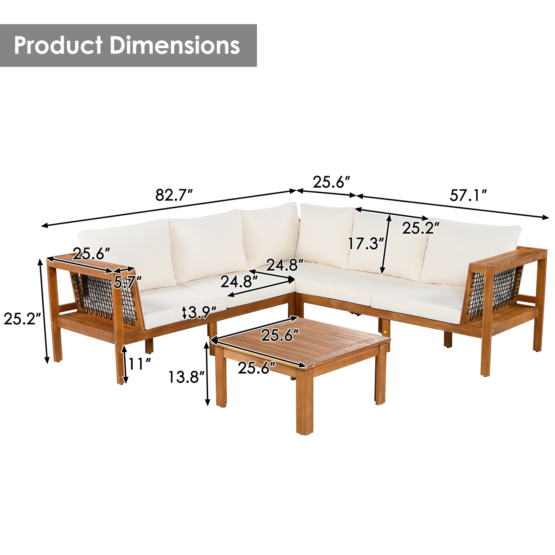 GO 4 Pieces Outdoor Acacia Wood Sofa Set, Woven Mesh Armrests, L-Shaped Patio Furniture Sofa Set with Coffee Table, Outdoor Conversation Set with Gray Cushions and Side Table, Teak Color Look