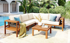 GO 4 Pieces Outdoor Acacia Wood Sofa Set, Woven Mesh Armrests, L-Shaped Patio Furniture Sofa Set with Coffee Table, Outdoor Conversation Set with Gray Cushions and Side Table, Teak Color Look