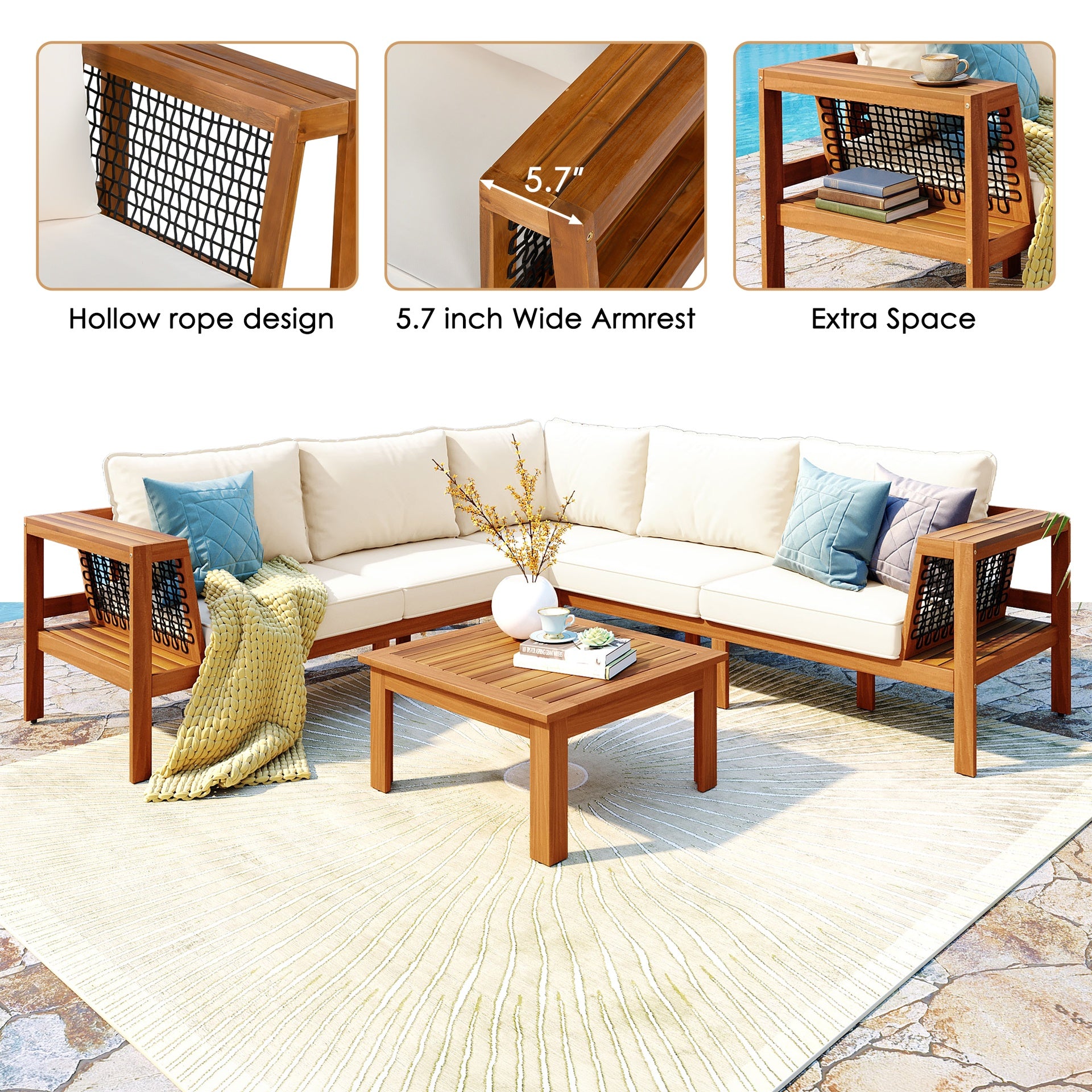 GO 4 Pieces Outdoor Acacia Wood Sofa Set, Woven Mesh Armrests, L-Shaped Patio Furniture Sofa Set with Coffee Table, Outdoor Conversation Set with Gray Cushions and Side Table, Teak Color Look
