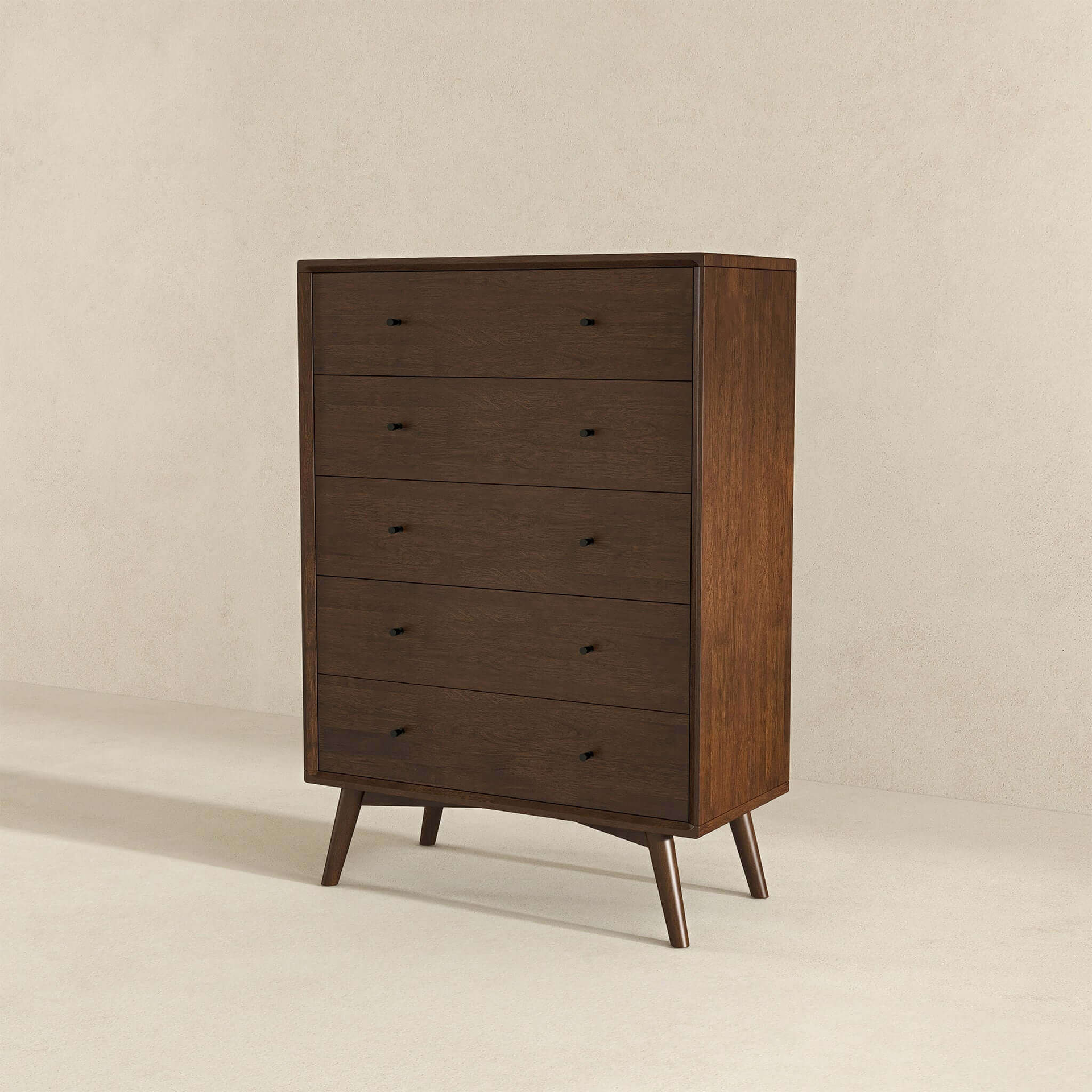 Caroline Mid Century Modern 5-Drawer Solid Wood Dresser in Dark Brown 47.2"H x 31.5"W X 15.7"D for Bedroom, Living Room, Hallway