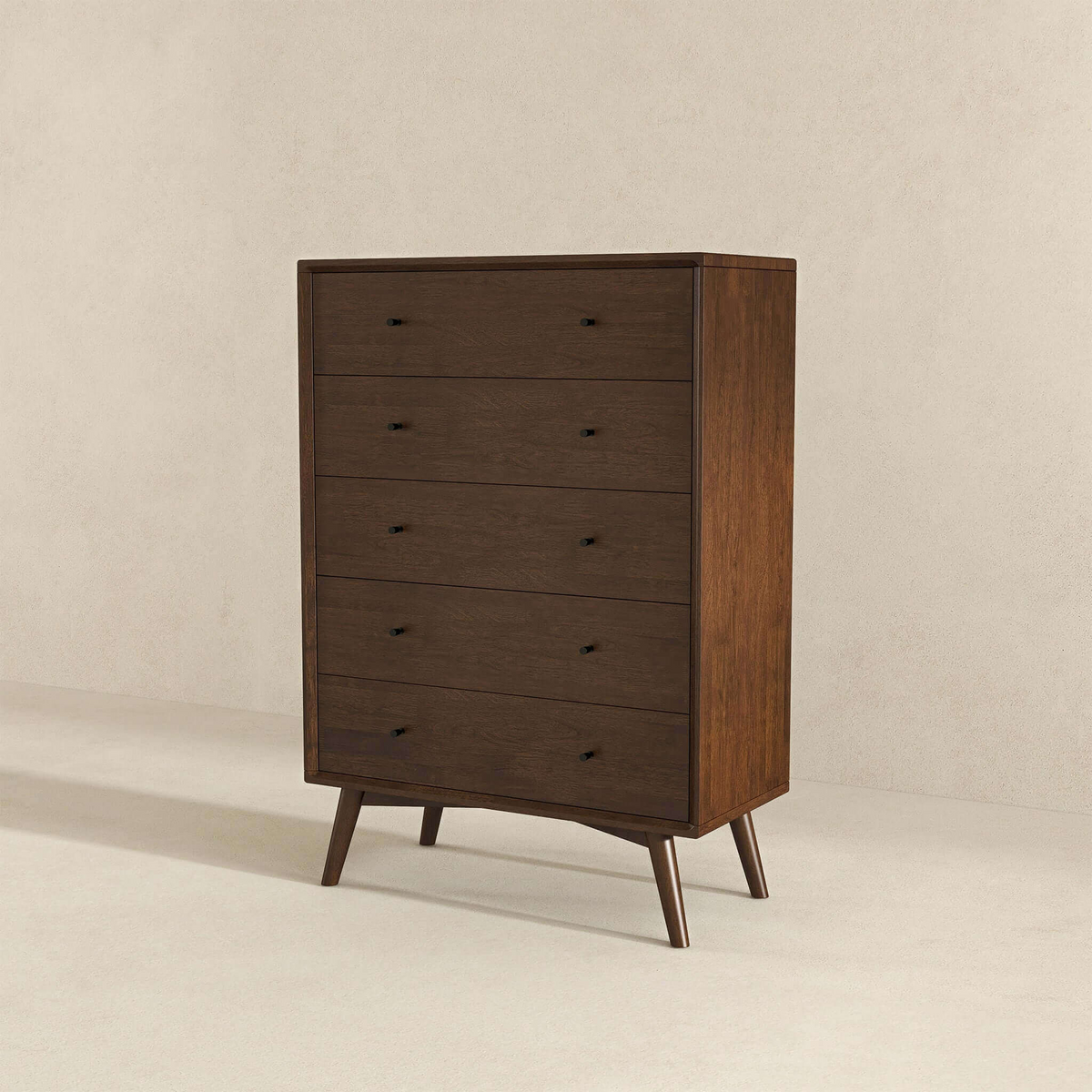 Caroline Mid Century Modern 5-Drawer Solid Wood Dresser in Dark Brown 47.2"H x 31.5"W X 15.7"D for Bedroom, Living Room, Hallway