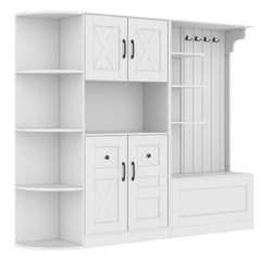 Multifunctional left-right combination hall cabinet (can be used separately) with storage and 4 hooks, storage cabinet/ hall tree 2 in 1 for living room, kitchen and hallway, White