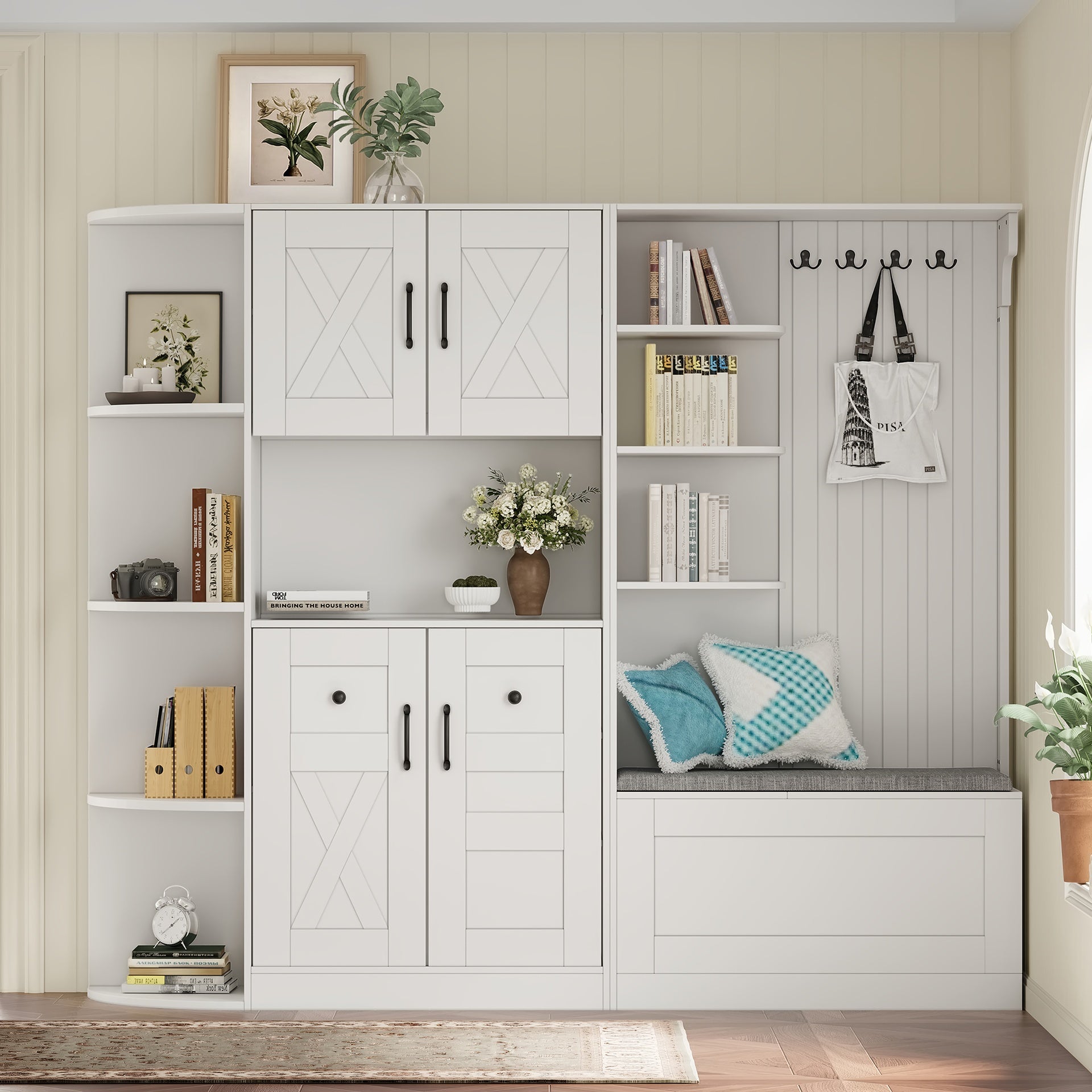 Multifunctional left-right combination hall cabinet (can be used separately) with storage and 4 hooks, storage cabinet/ hall tree 2 in 1 for living room, kitchen and hallway, White
