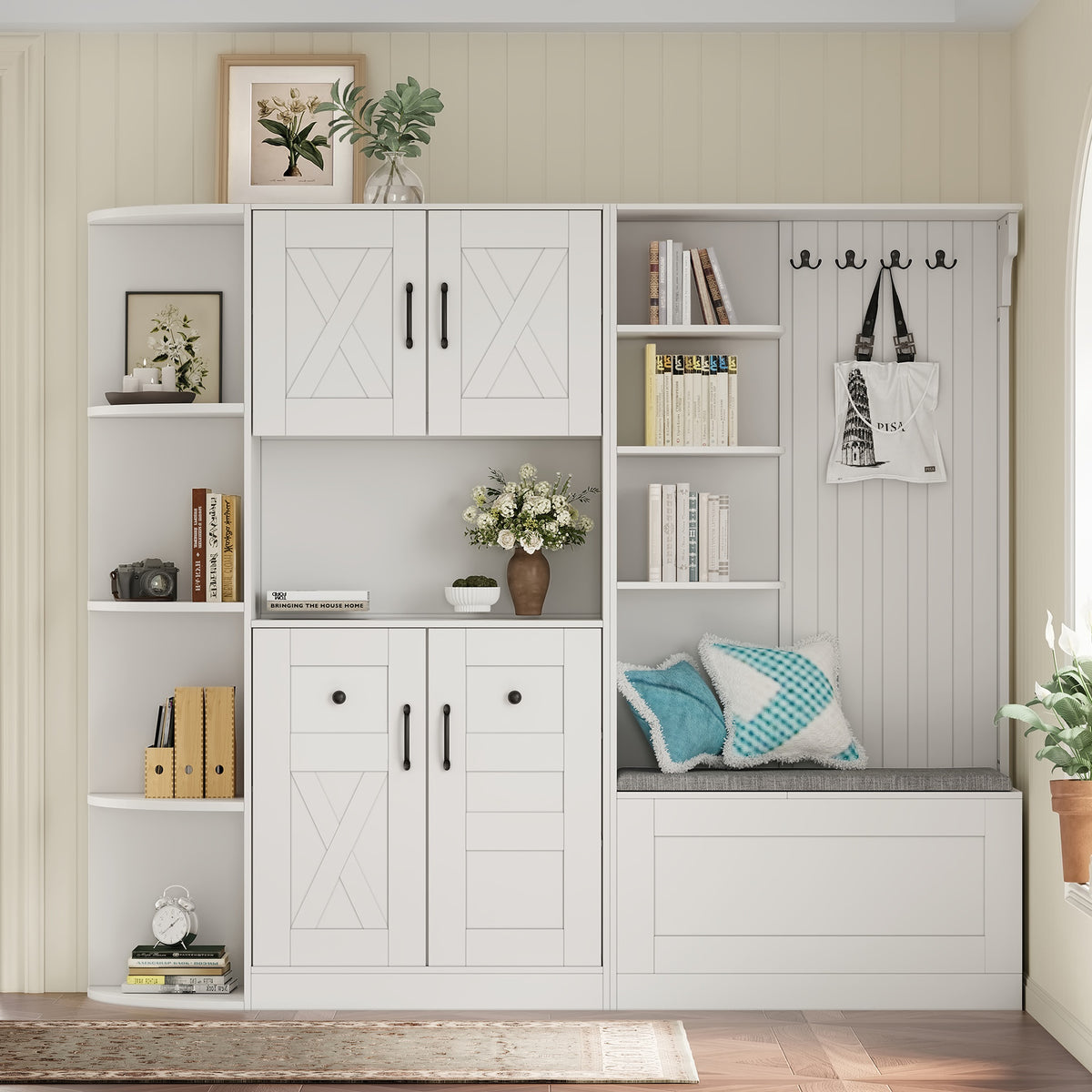 Multifunctional left-right combination hall cabinet (can be used separately) with storage and 4 hooks, storage cabinet/ hall tree 2 in 1 for living room, kitchen and hallway, White