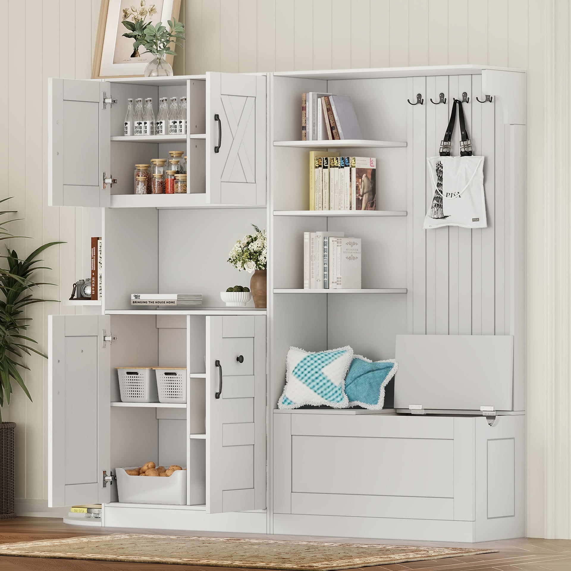 Multifunctional left-right combination hall cabinet (can be used separately) with storage and 4 hooks, storage cabinet/ hall tree 2 in 1 for living room, kitchen and hallway, White