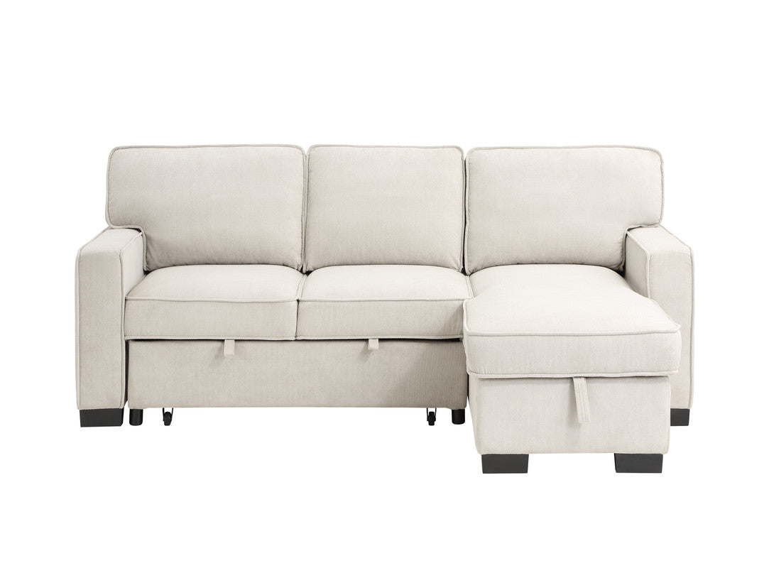 Ella 86.5"W Beige Fabric Reversible Sleeper Sectional with Storage Chaise Drop-Down Table 2 Cup Holders and 2USB Ports