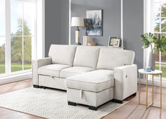 Ella 86.5"W Beige Fabric Reversible Sleeper Sectional with Storage Chaise Drop-Down Table 2 Cup Holders and 2USB Ports