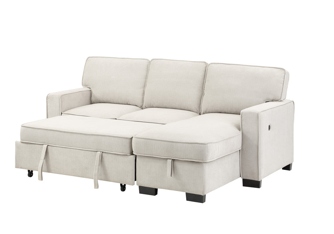 Ella 86.5"W Beige Fabric Reversible Sleeper Sectional with Storage Chaise Drop-Down Table 2 Cup Holders and 2USB Ports