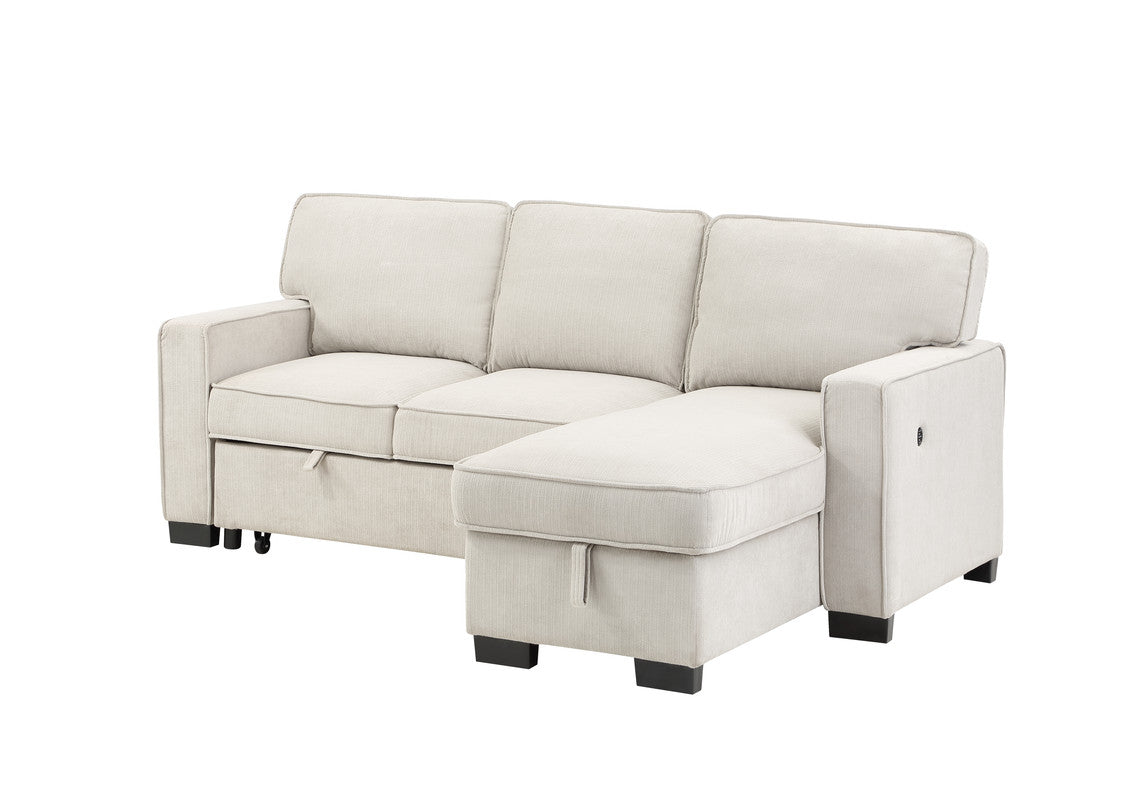 Ella 86.5"W Beige Fabric Reversible Sleeper Sectional with Storage Chaise Drop-Down Table 2 Cup Holders and 2USB Ports