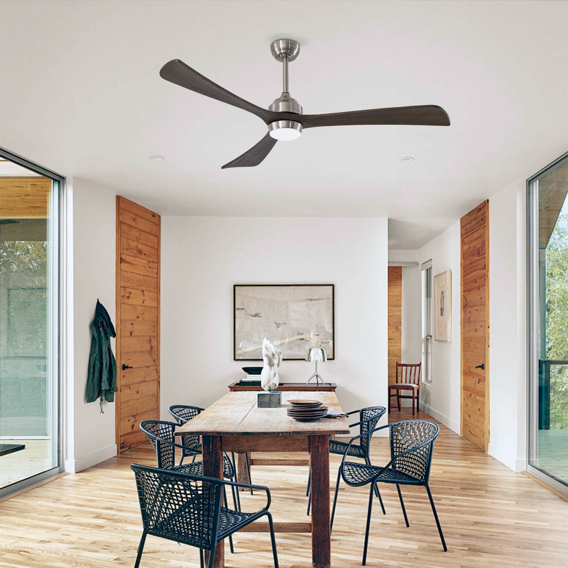 62" 3PCS Solid Wood Blades Ceiling Fan with Lights Remote Control,Quiet DC Motor 3 Blade Ceiling Fans 6 Speed Levels,Reversible Ceiling Fan,for Patio Living Room,Bedroom,Office,Indoor.(Stain nickel )