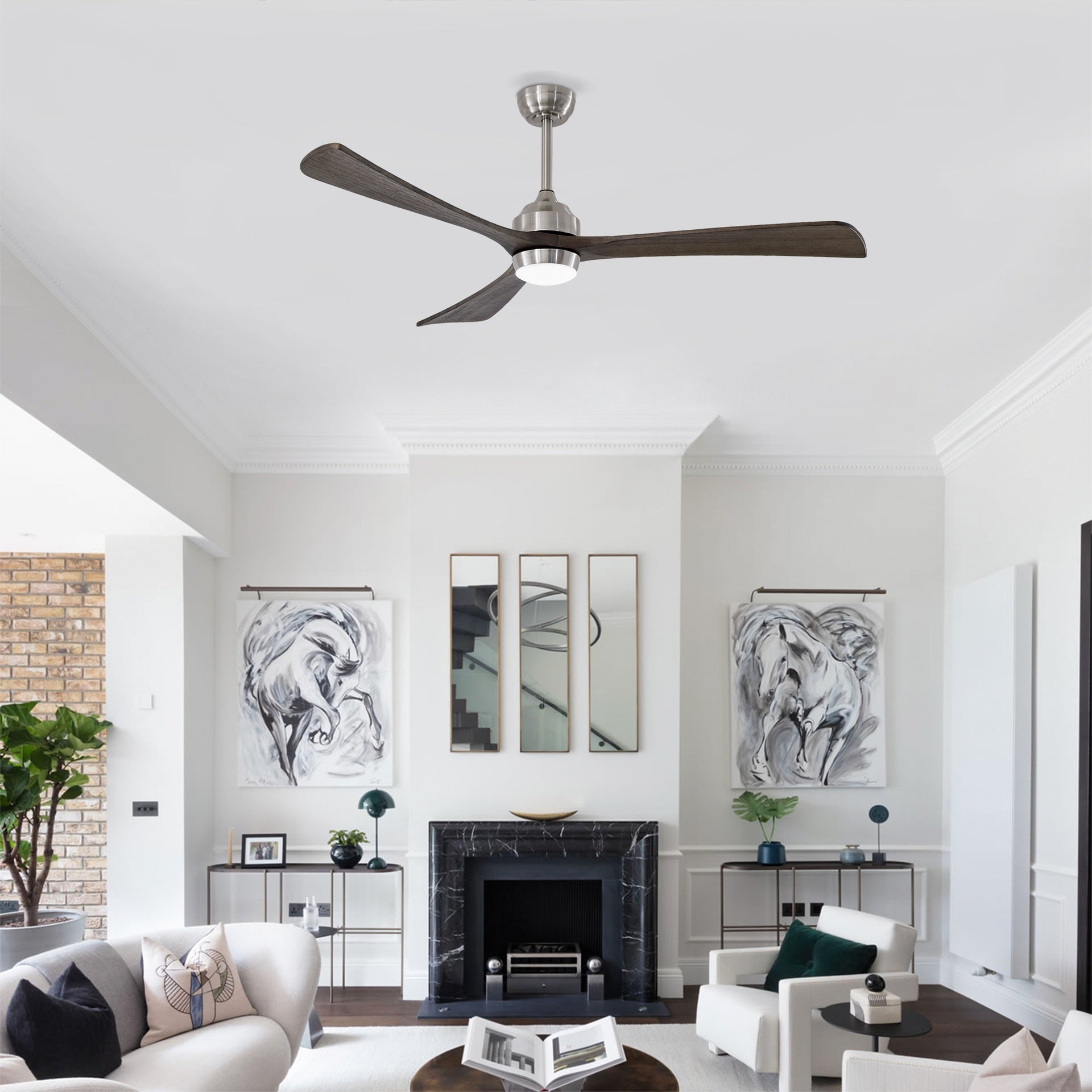 62" 3PCS Solid Wood Blades Ceiling Fan with Lights Remote Control,Quiet DC Motor 3 Blade Ceiling Fans 6 Speed Levels,Reversible Ceiling Fan,for Patio Living Room,Bedroom,Office,Indoor.(Stain nickel )