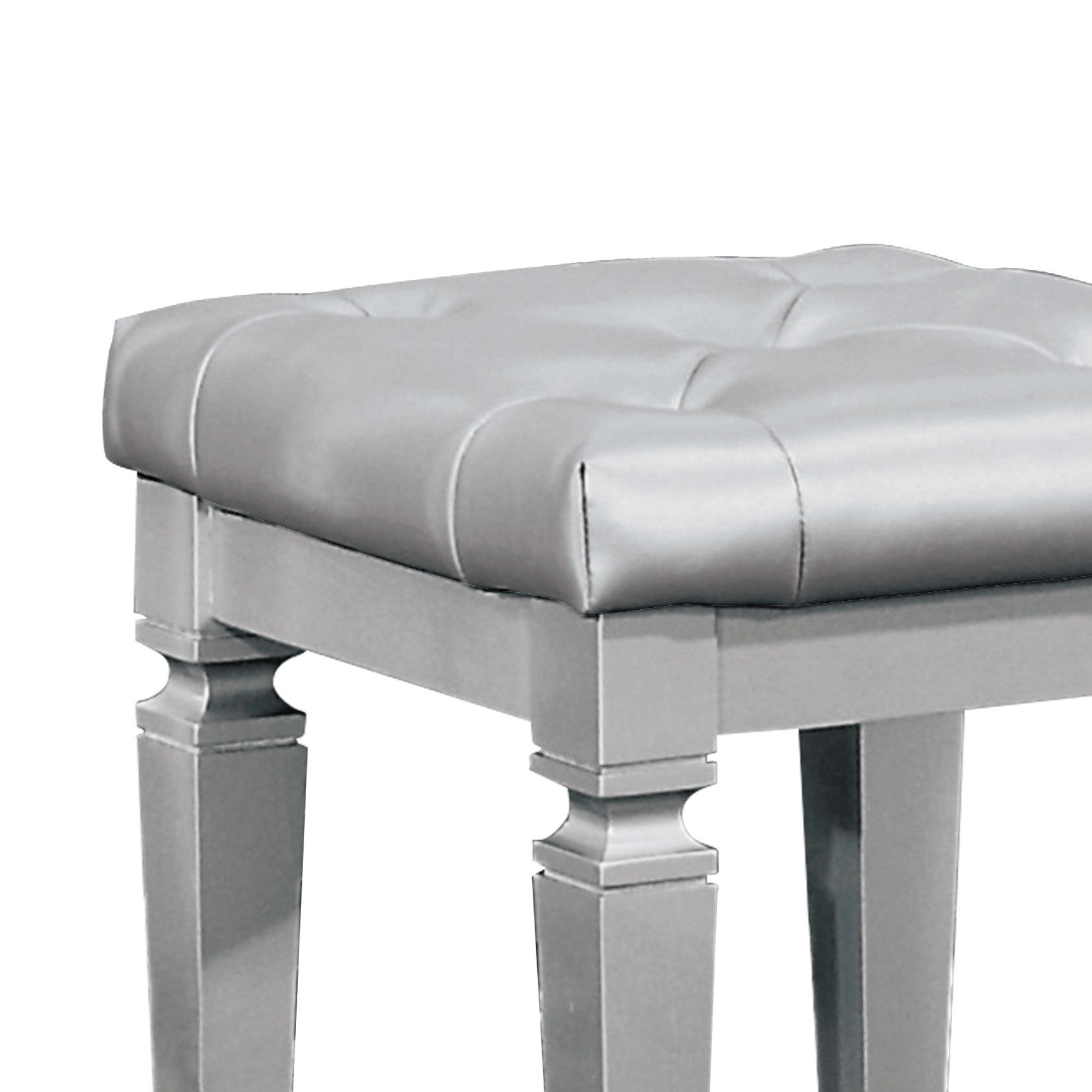 Modern Glam Bedroom Furniture 1pc Vanity Stool Luxury Silver Finish Faux Leather Tufted Seat Foam Cushion