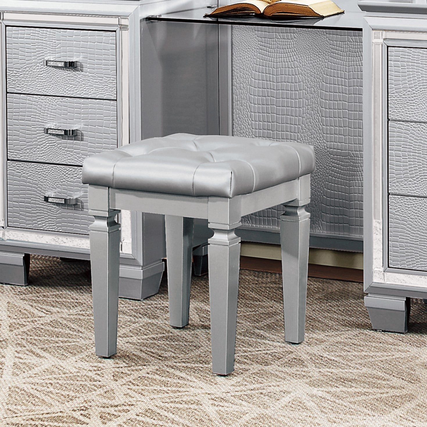 Modern Glam Bedroom Furniture 1pc Vanity Stool Luxury Silver Finish Faux Leather Tufted Seat Foam Cushion
