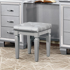 Modern Glam Bedroom Furniture 1pc Vanity Stool Luxury Silver Finish Faux Leather Tufted Seat Foam Cushion