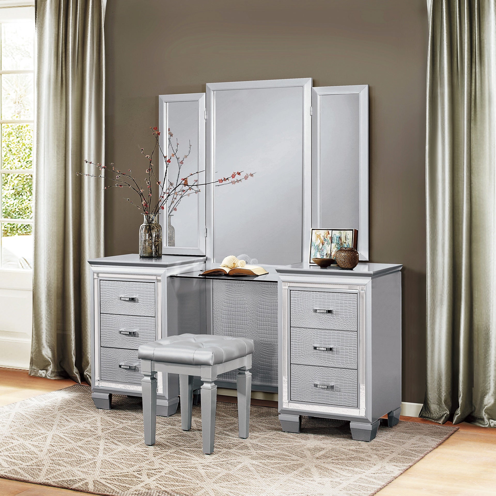 Modern Glam Bedroom Furniture 1pc Vanity Stool Luxury Silver Finish Faux Leather Tufted Seat Foam Cushion