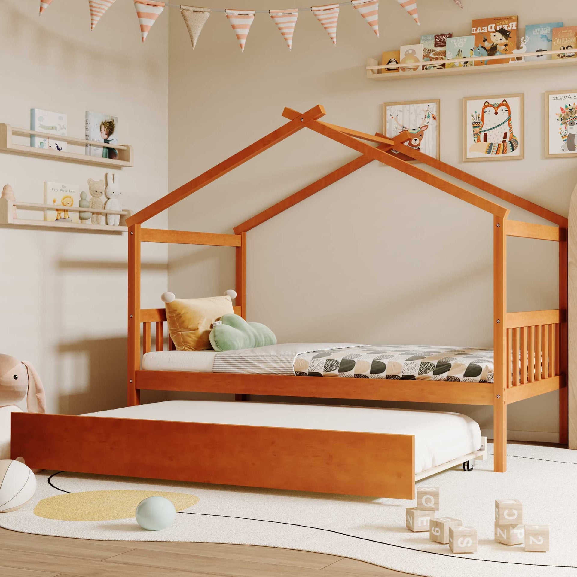 Twin Size Wooden House Bed with Twin Size Trundle, Walnut(OLD SKU: WF300800AAL)