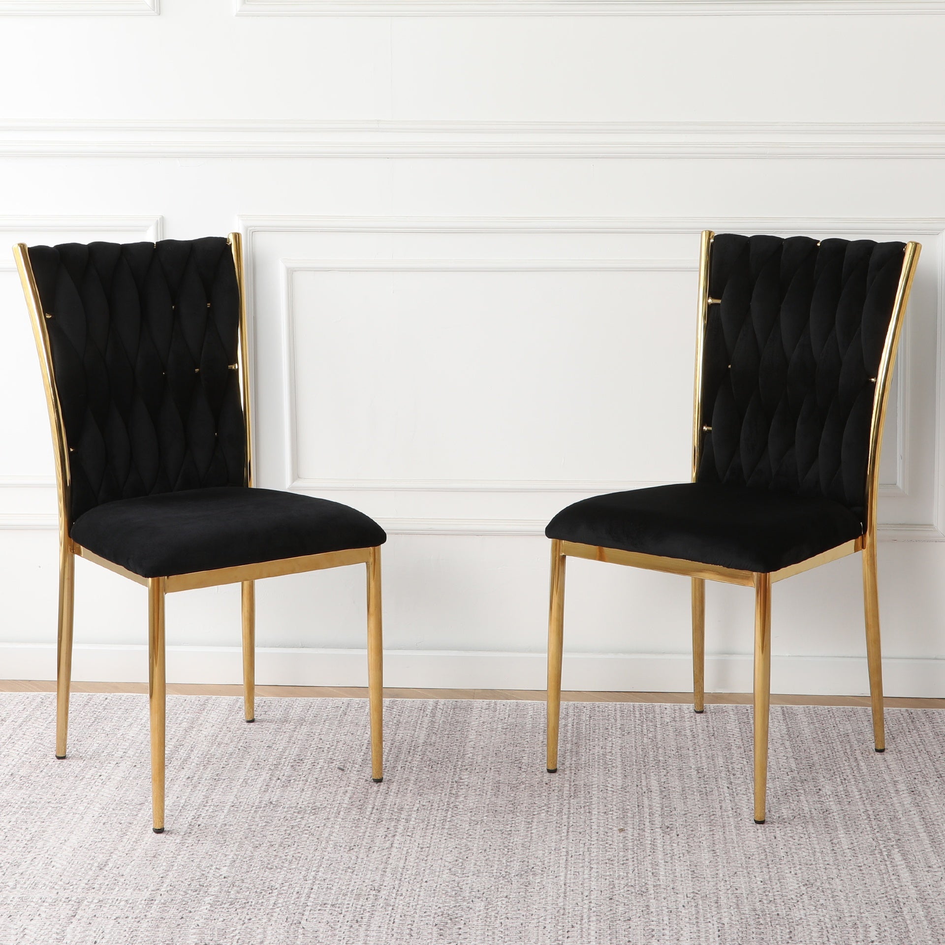 Modern simple black velvet dining chair, family bedroom stool back student table chair, gold-plated metal chair legs, suitable for dining room kitchen bedroom (set of 2)