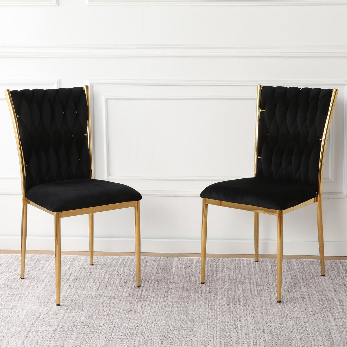 Modern simple black velvet dining chair, family bedroom stool back student table chair, gold-plated metal chair legs, suitable for dining room kitchen bedroom (set of 2)
