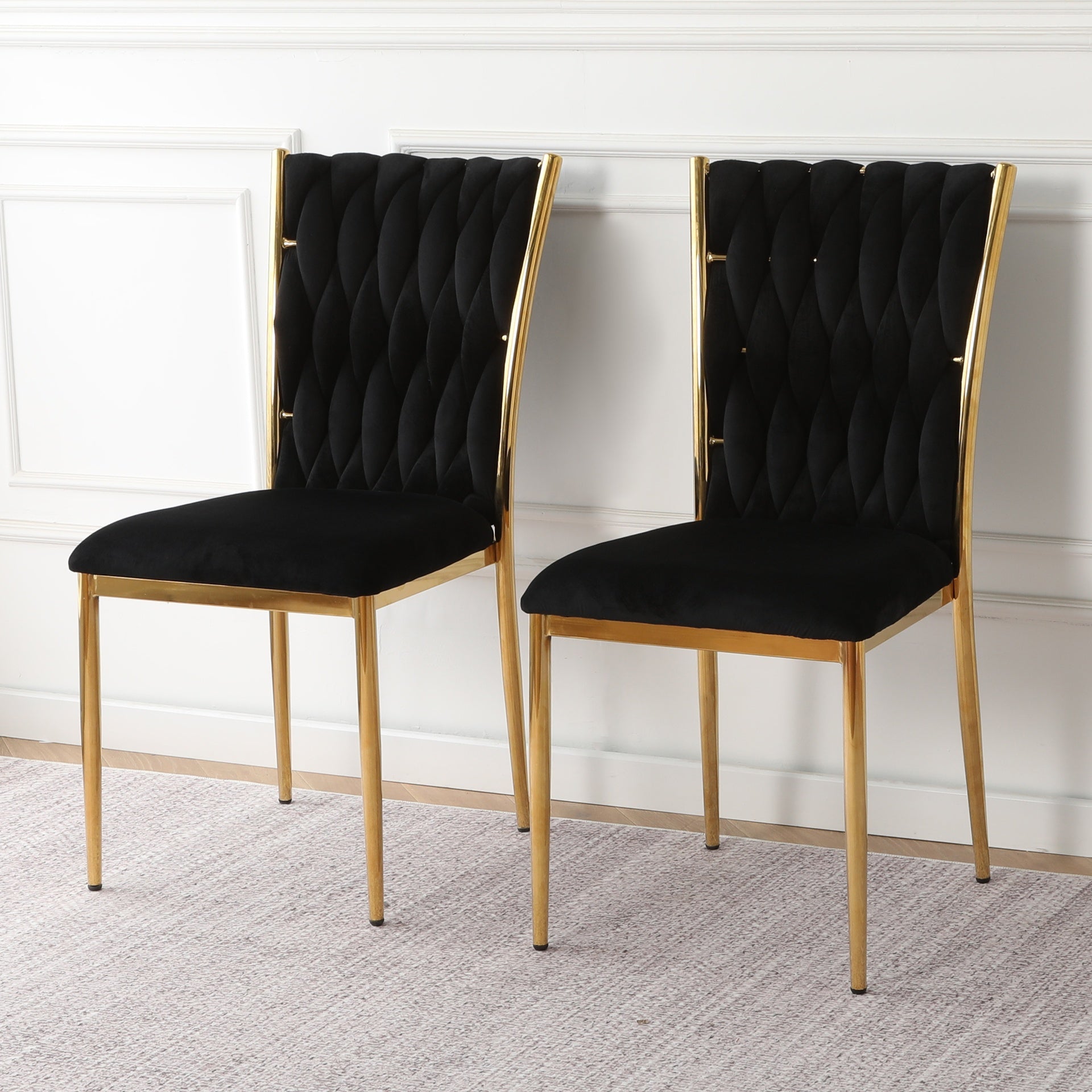 Modern simple black velvet dining chair, family bedroom stool back student table chair, gold-plated metal chair legs, suitable for dining room kitchen bedroom (set of 2)
