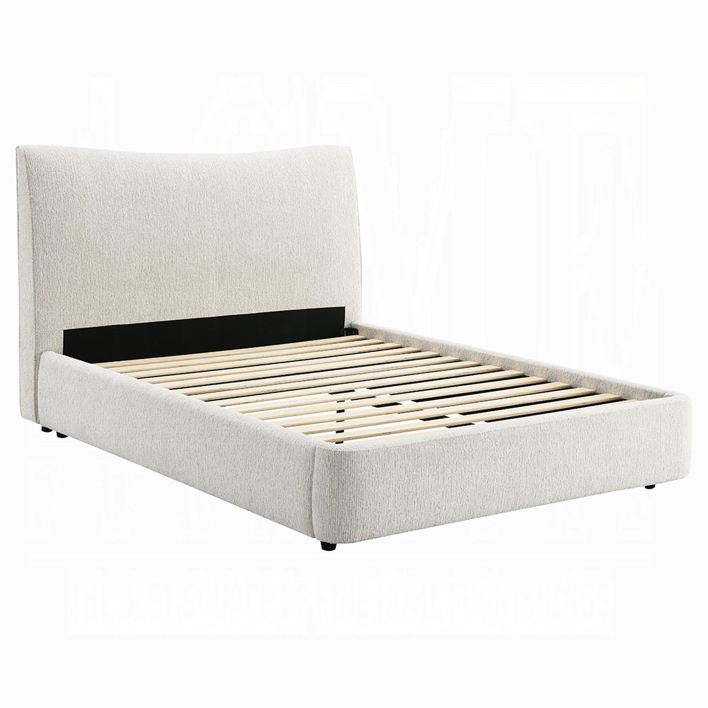 1pc Beautiful Full Size Platform Bed Beige Chenille Upholstery Solid Rubberwood Contemporary Bedroom Furniture