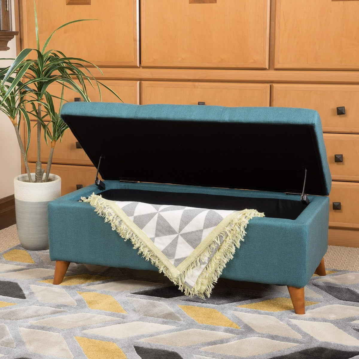 Home Decor, Tufted Ainsley Button Storage Ottoman Bench with Hinged Lid, Ottoman Bench with Storage for Living Room & Bedroom, Solid wood leg