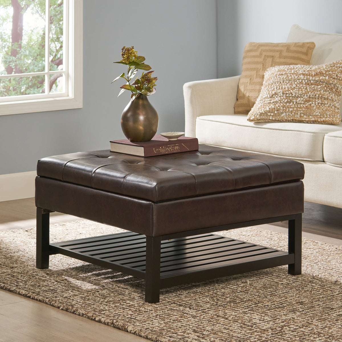 Storage Ottoman Coffee Table,Square Ottoman with Storage and Bottom Rack, Tufted Upholstered Ottomans Coffee Table for Living Room