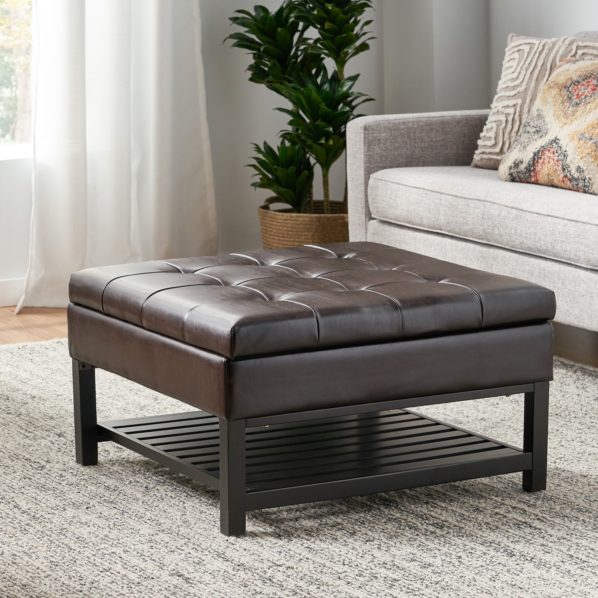 Storage Ottoman Coffee Table,Square Ottoman with Storage and Bottom Rack, Tufted Upholstered Ottomans Coffee Table for Living Room