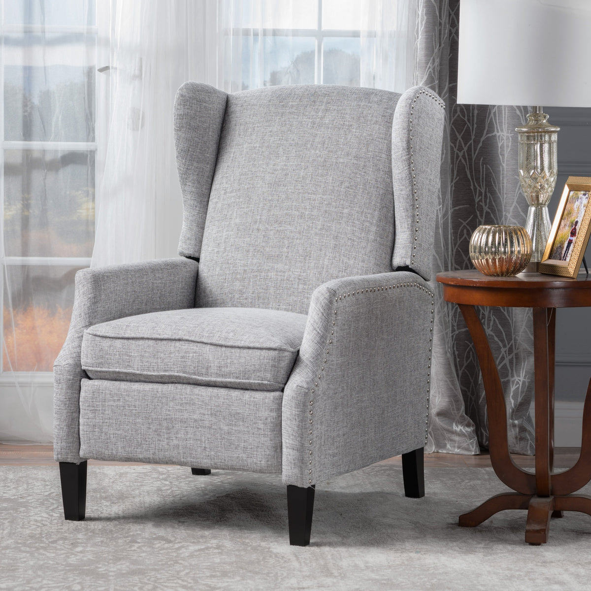 Pushback Recliner Chair, Modern Fabric Wingback Armchair with Nailhead Trim, and Wood Legs, Classic Living Room Recliner for Bedroom