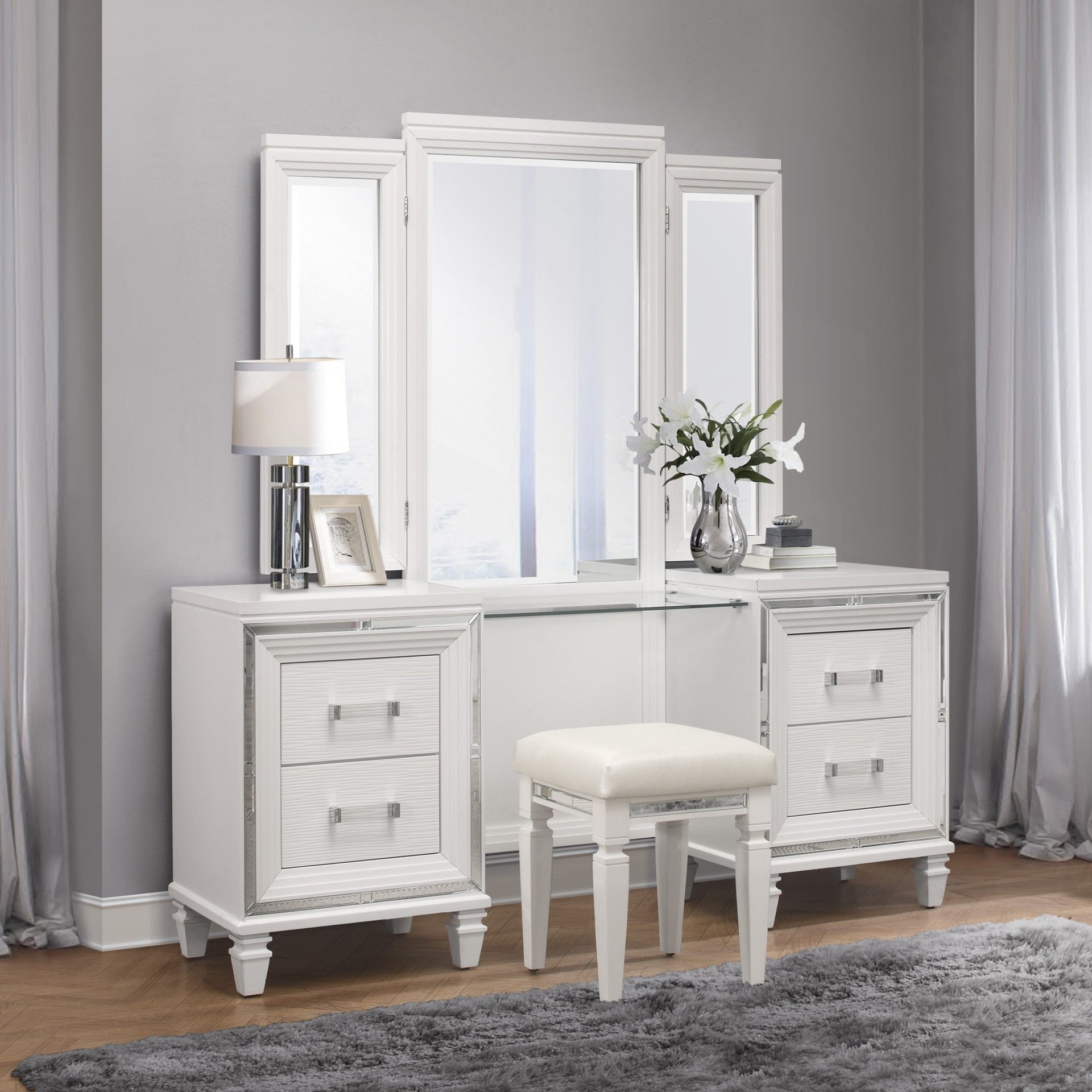 Modern Glam Vanity Stool 1pc Faux Leather Upholstery Seat White Metallic Finish Bedroom Furniture