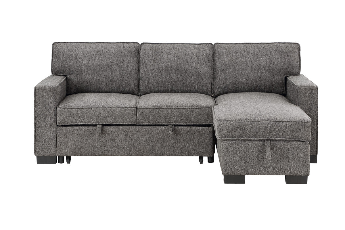 Ella 86.5"W Dark Gray Fabric Reversible Sleeper Sectional with Storage Chaise Drop-Down Table 2 Cup Holders and 2 USB Ports