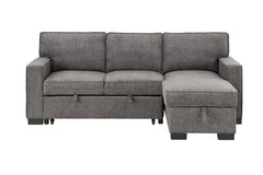 Ella 86.5"W Dark Gray Fabric Reversible Sleeper Sectional with Storage Chaise Drop-Down Table 2 Cup Holders and 2 USB Ports
