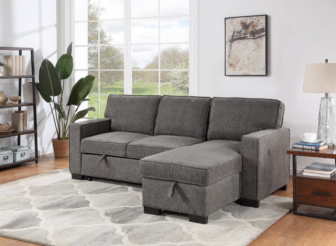 Ella 86.5"W Dark Gray Fabric Reversible Sleeper Sectional with Storage Chaise Drop-Down Table 2 Cup Holders and 2 USB Ports