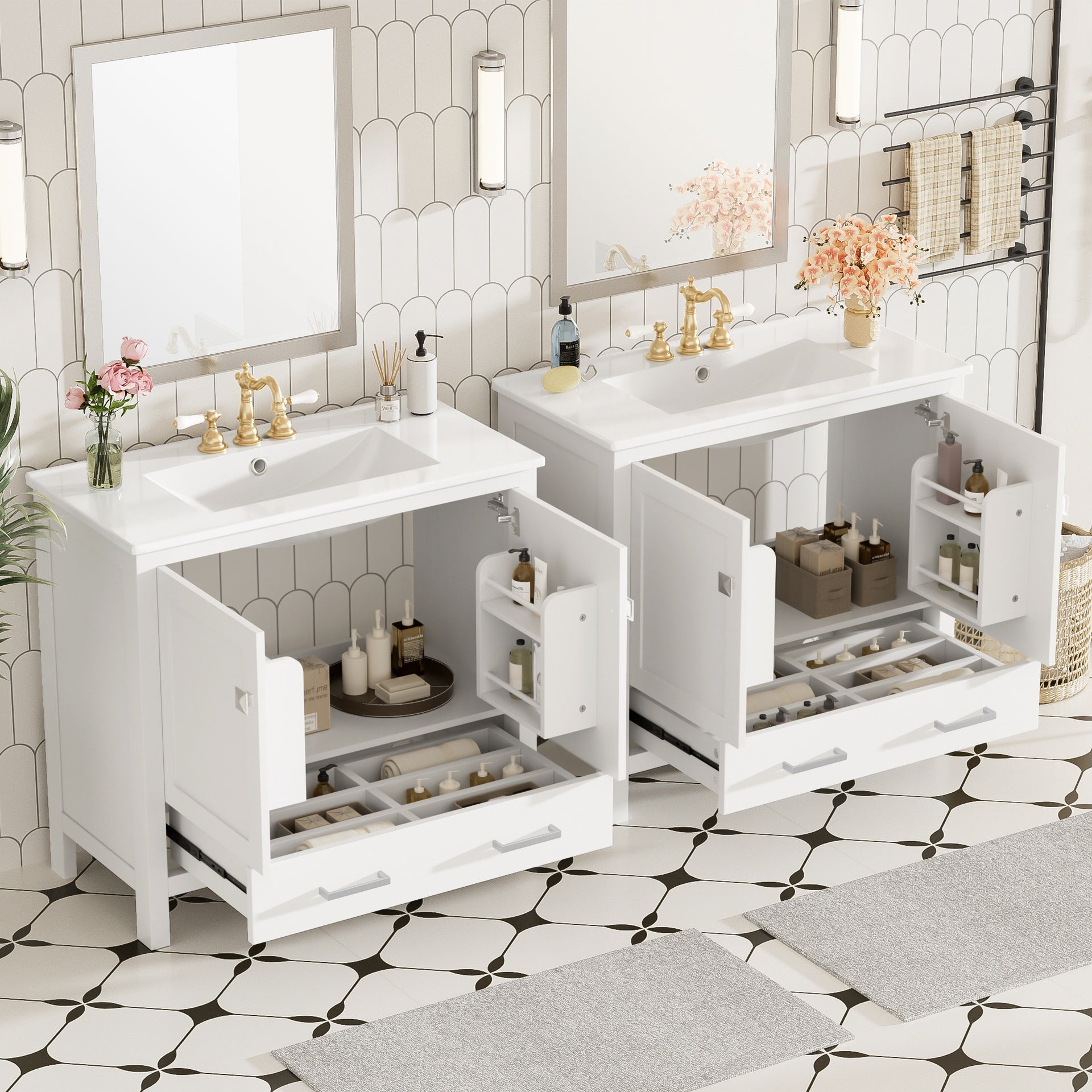 72" White Bathroom Vanity with Ceramic Sink, Soft-Close Doors, Double Storage Shelves & Divided Drawer – Modern Bathroom Cabinet with Ample Storage