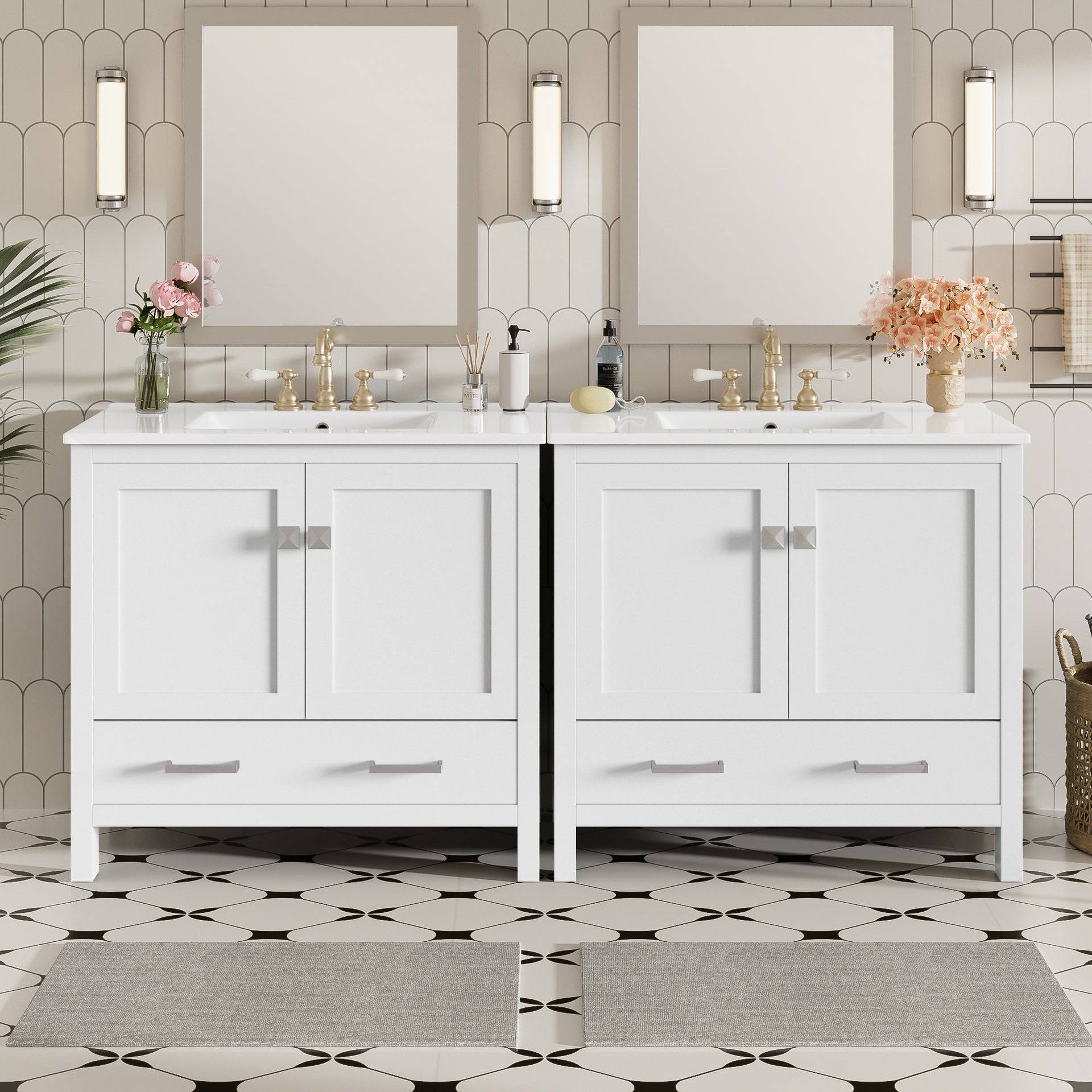 72" White Bathroom Vanity with Ceramic Sink, Soft-Close Doors, Double Storage Shelves & Divided Drawer – Modern Bathroom Cabinet with Ample Storage