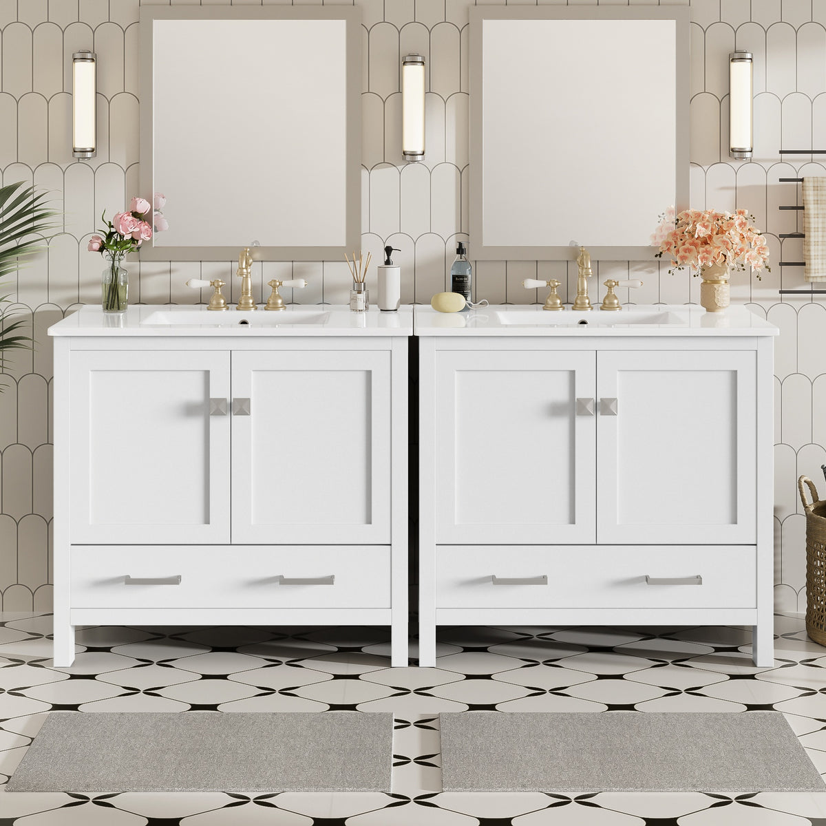 72" White Bathroom Vanity with Ceramic Sink, Soft-Close Doors, Double Storage Shelves & Divided Drawer – Modern Bathroom Cabinet with Ample Storage