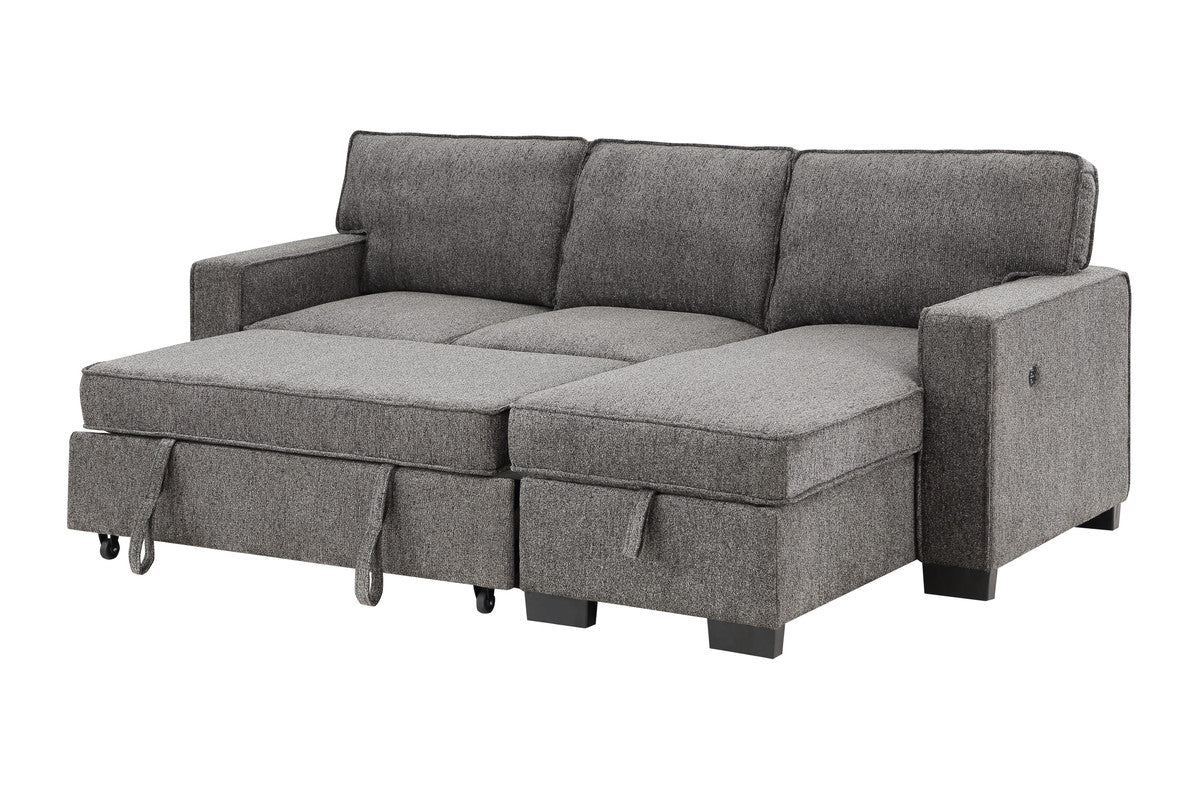 Estelle 86.5" Dark Gray Fabric Reversible Sleeper Sectional with Storage Chaise Drop-Down Table 2 Cup Holders and 2 USB Ports