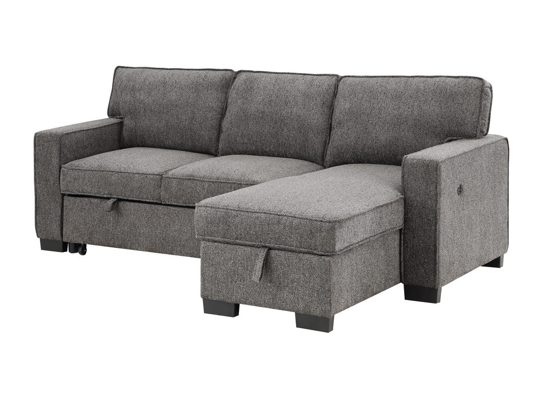 Estelle 86.5" Dark Gray Fabric Reversible Sleeper Sectional with Storage Chaise Drop-Down Table 2 Cup Holders and 2 USB Ports