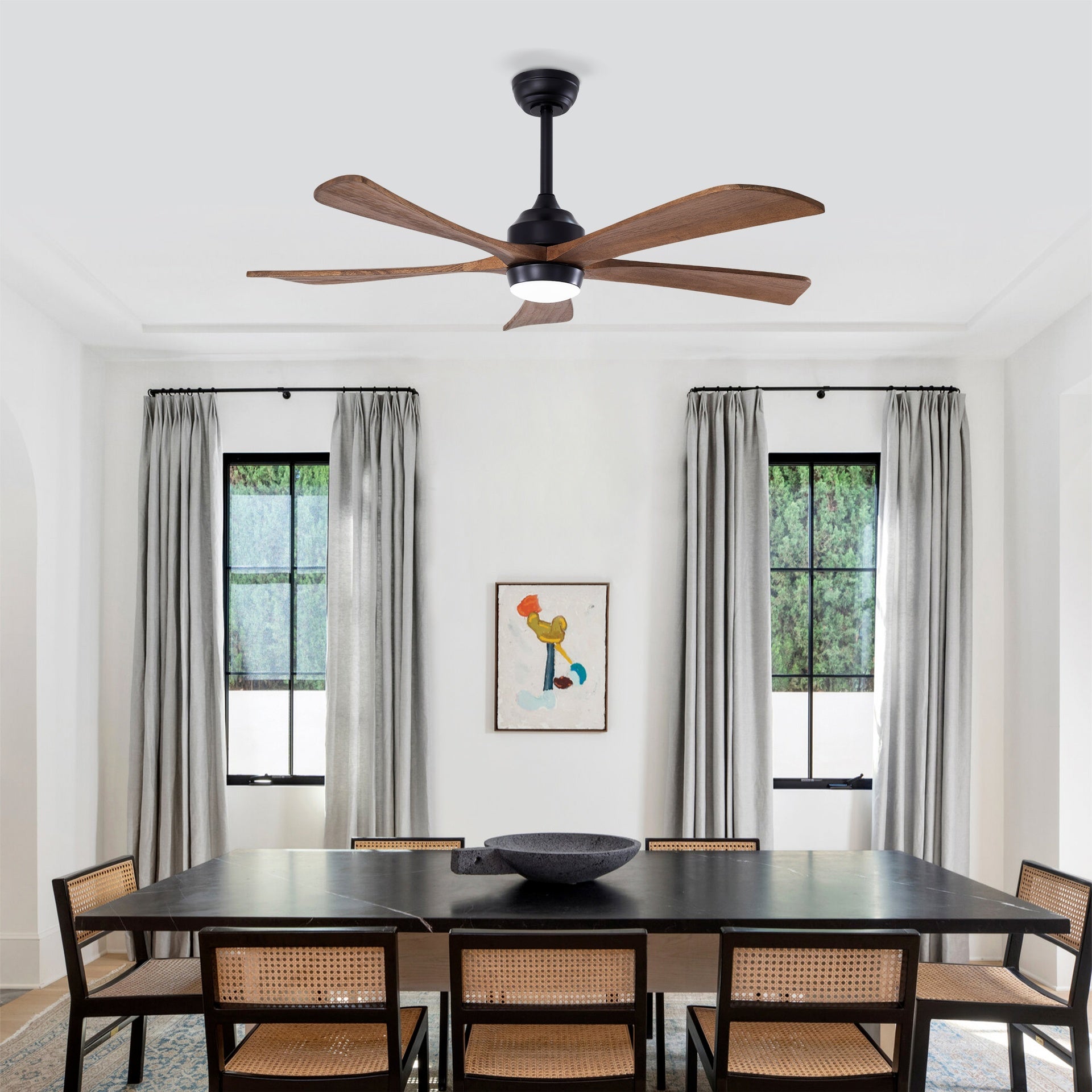 52" 5PCS  Solid Wood Blades Ceiling Fan with Lights Remote Control,Quiet DC Motor 3 Blade Ceiling Fans 6 Speed Levels,Reversible Ceiling Fan,for Patio Living Room, Bedroom, Office,Indoor.(Matte Black)