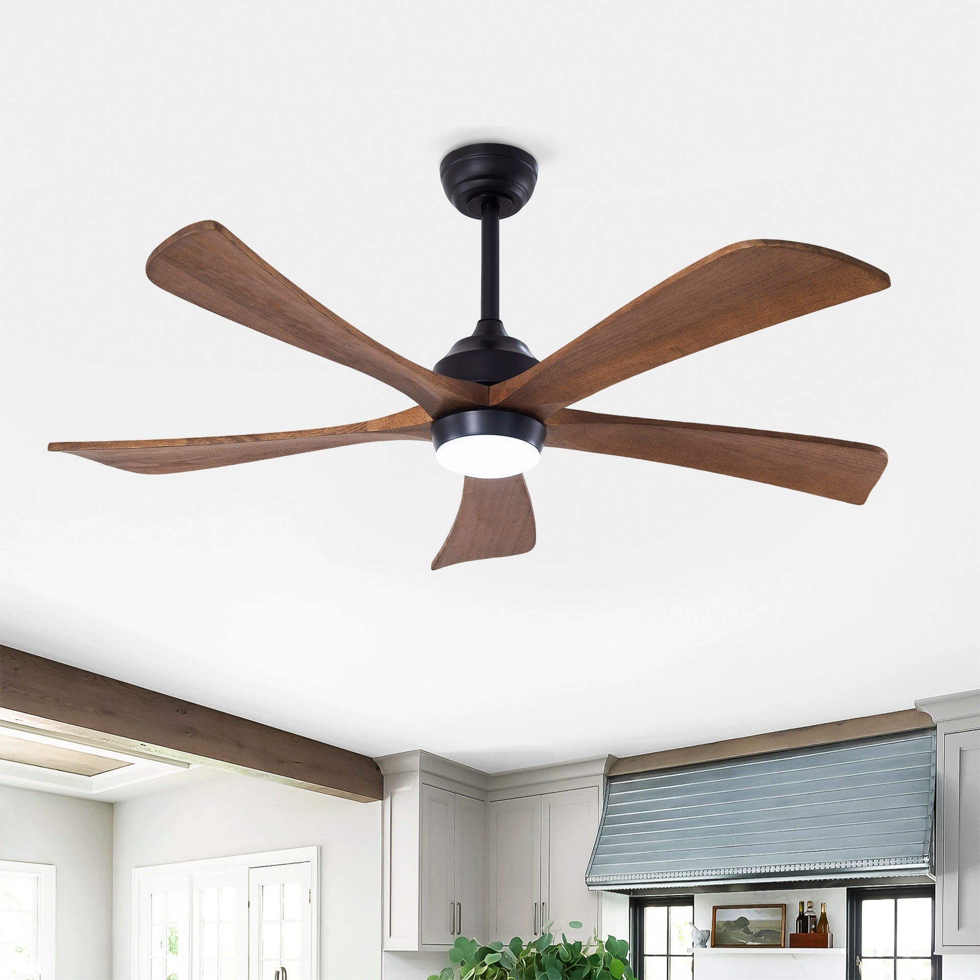 52" 5PCS  Solid Wood Blades Ceiling Fan with Lights Remote Control,Quiet DC Motor 3 Blade Ceiling Fans 6 Speed Levels,Reversible Ceiling Fan,for Patio Living Room, Bedroom, Office,Indoor.(Matte Black)