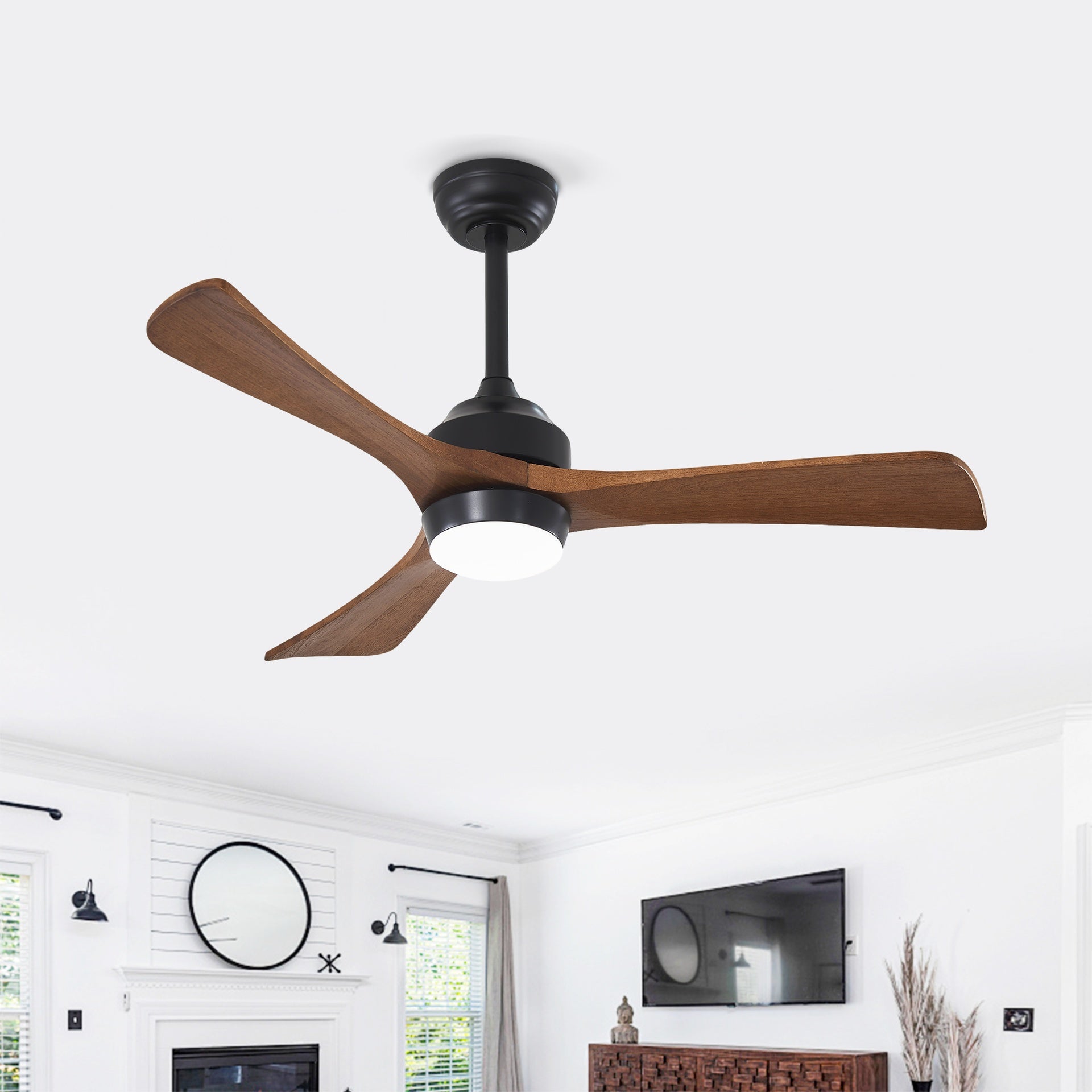 42" Solid Wood Blades Ceiling Fan with Lights Remote Control,Quiet DC Motor 3 Blade Ceiling Fans 6 Speed Levels,Reversible Ceiling Fan, for Patio Living Room, Bedroom, Office,Indoor.(Matte Black)