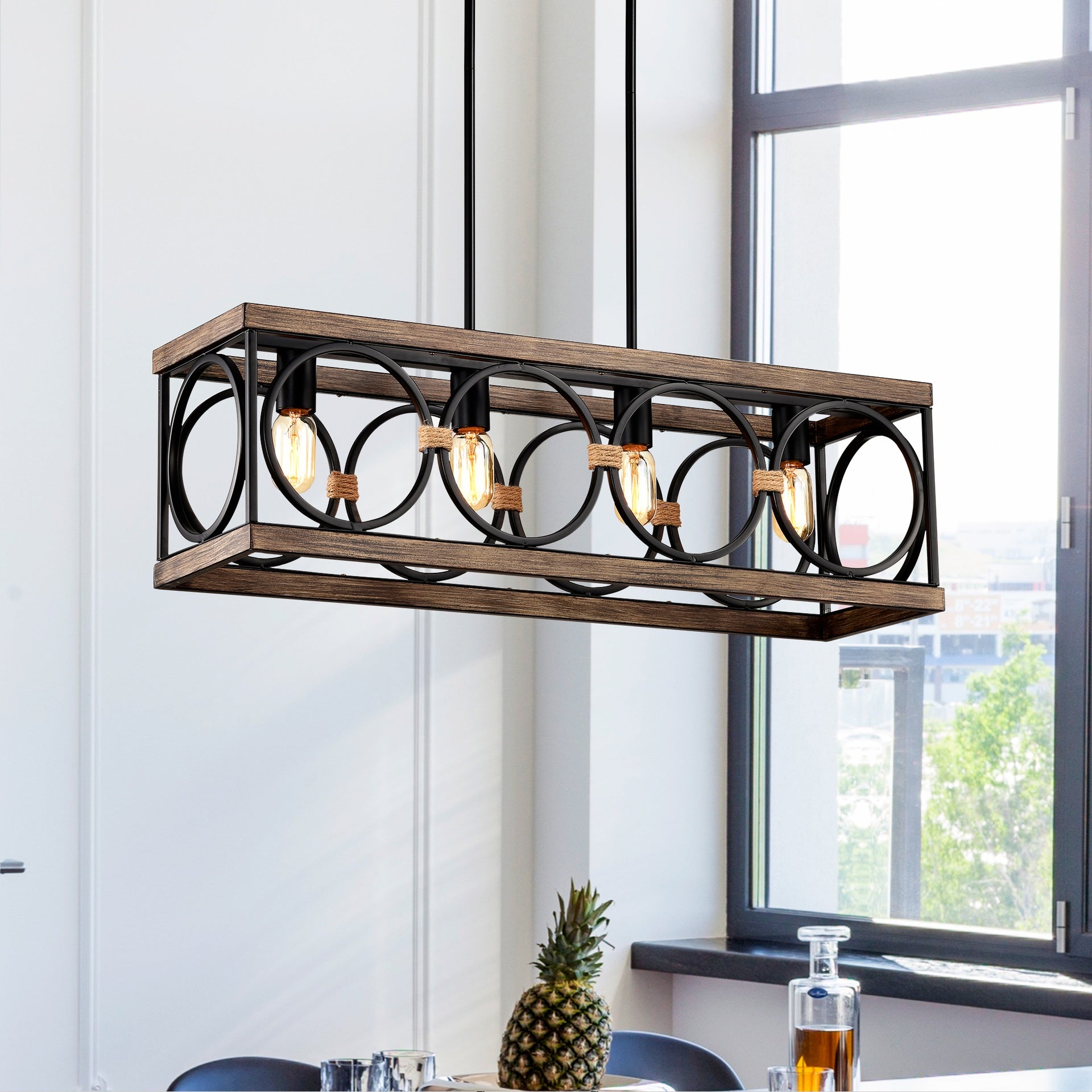 4-Light (Bulb NO Included)Farmhouse Rectangle Pendant Light,31.6" Nature Wood Texture Vintage Rustic Chandeliers Black Metal Industrial Hanging Light Fixtures for Kitchen, Entryway, Dining Room