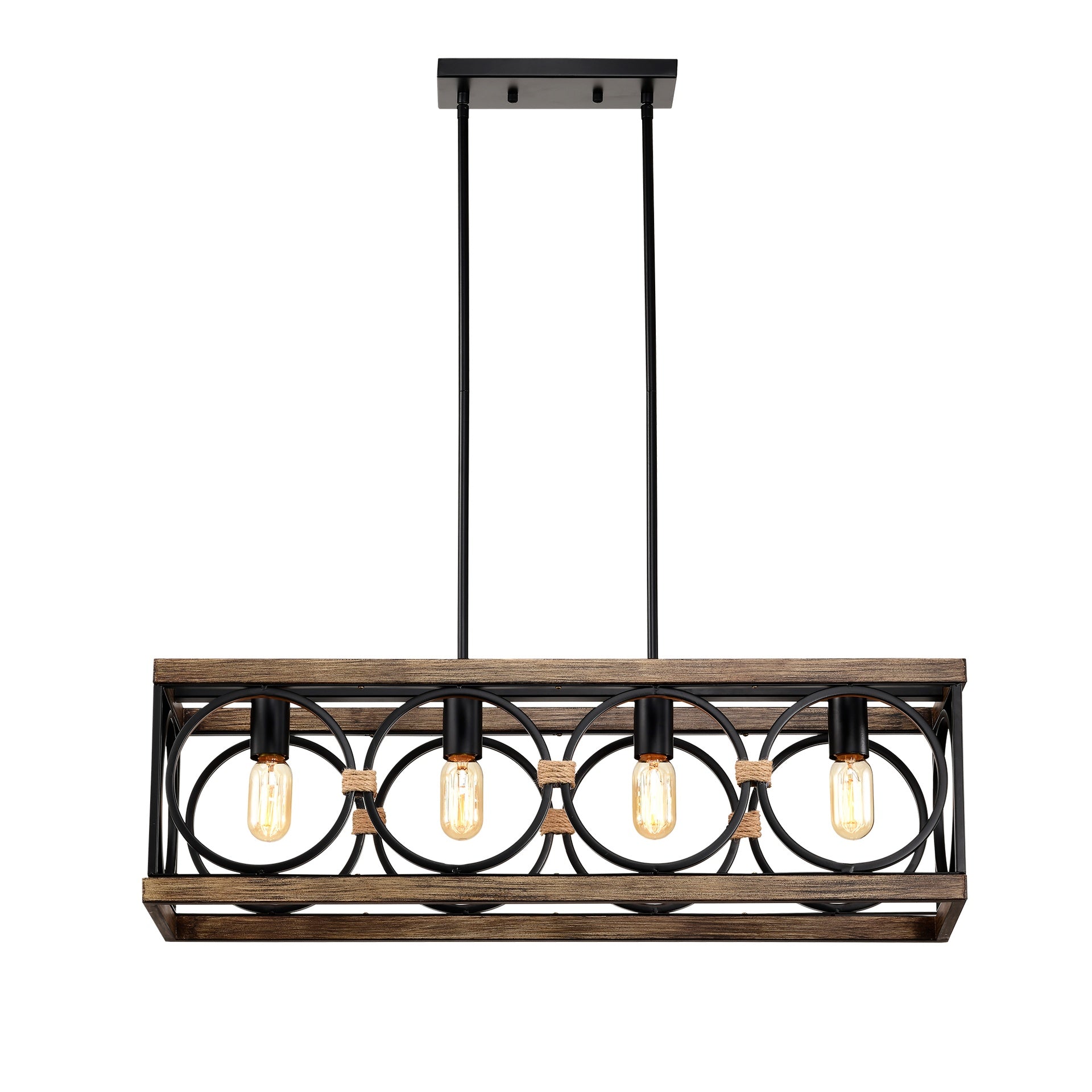 4-Light (Bulb NO Included)Farmhouse Rectangle Pendant Light,31.6" Nature Wood Texture Vintage Rustic Chandeliers Black Metal Industrial Hanging Light Fixtures for Kitchen, Entryway, Dining Room
