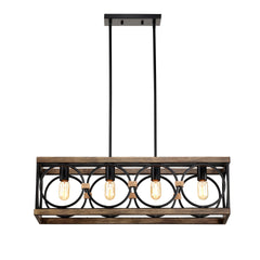 4-Light (Bulb NO Included)Farmhouse Rectangle Pendant Light,31.6" Nature Wood Texture Vintage Rustic Chandeliers Black Metal Industrial Hanging Light Fixtures for Kitchen, Entryway, Dining Room