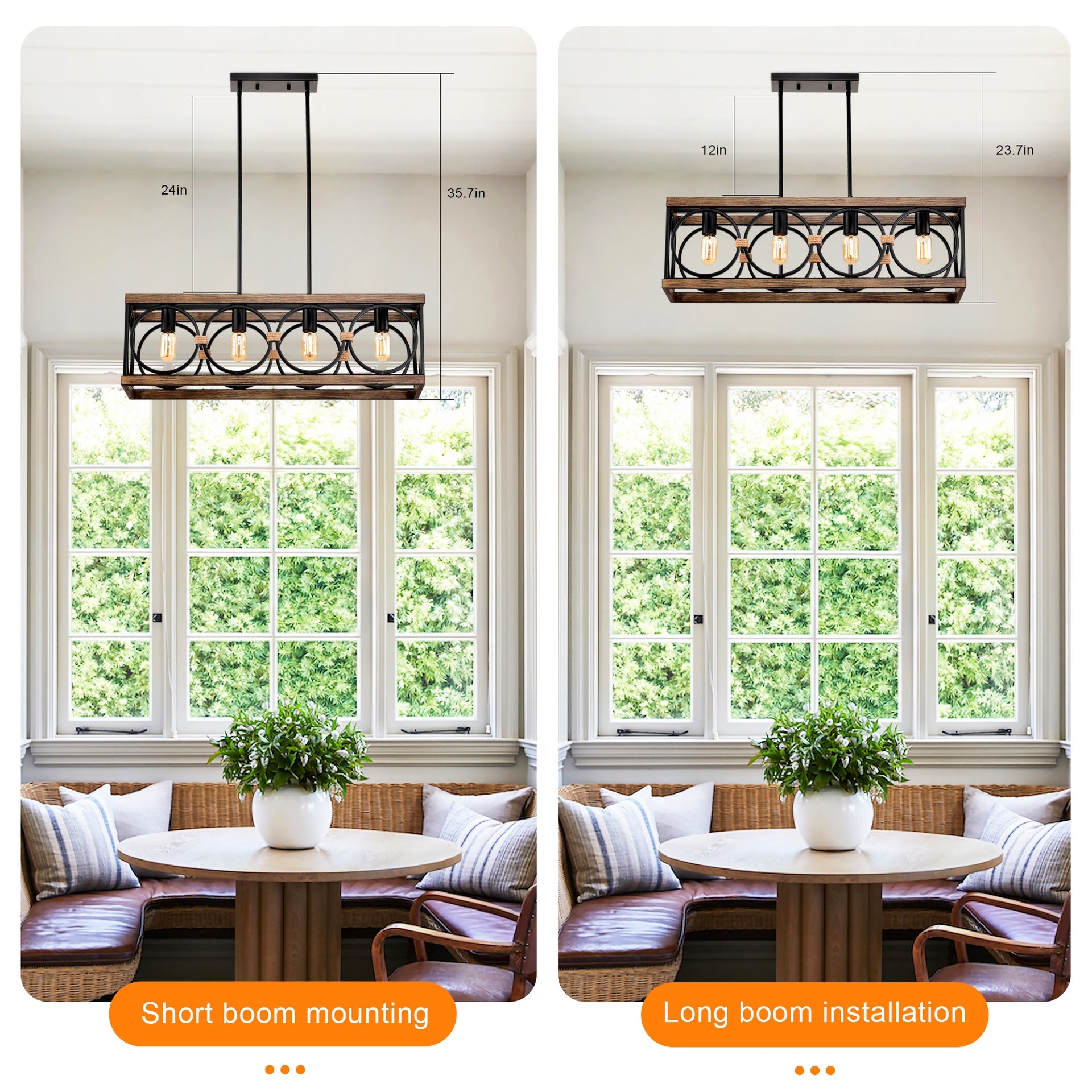 4-Light (Bulb NO Included)Farmhouse Rectangle Pendant Light,31.6" Nature Wood Texture Vintage Rustic Chandeliers Black Metal Industrial Hanging Light Fixtures for Kitchen, Entryway, Dining Room
