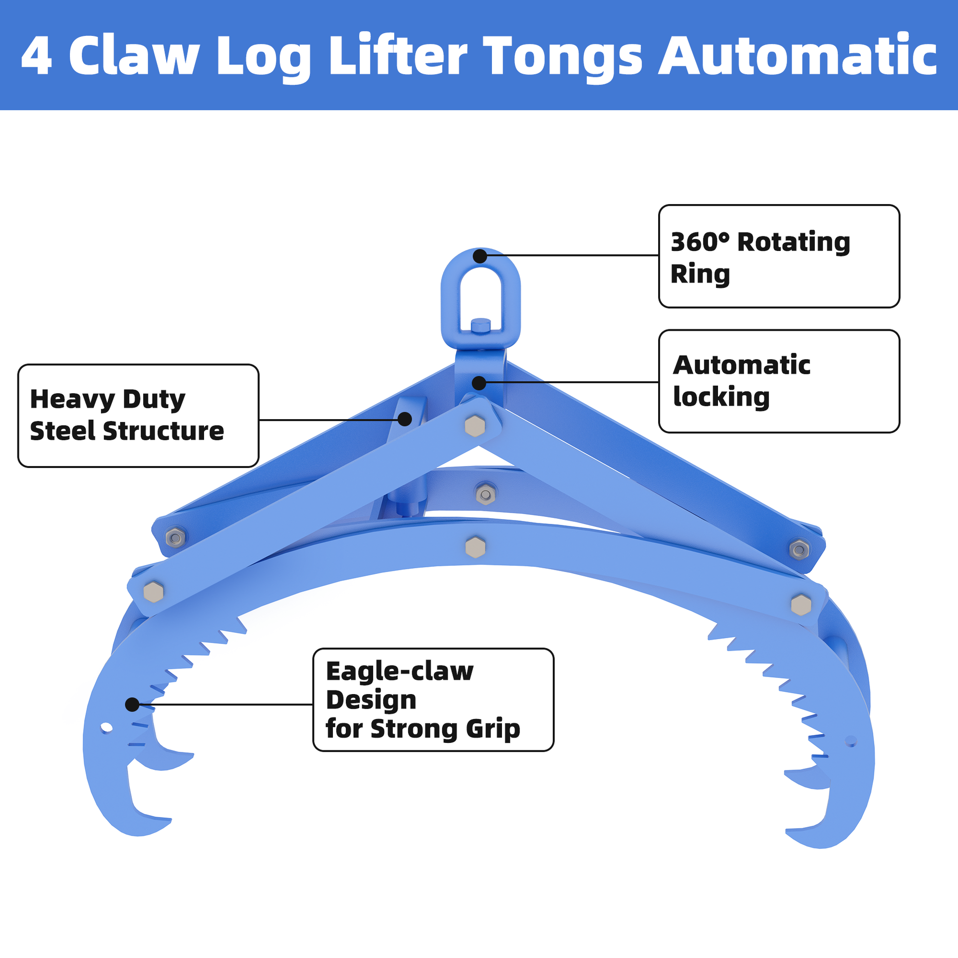 20in Automatic Log Tongs for Tractor, Heavy Duty 4-Claw Logging Tongs with Auto-Latching & 360° Rotating Hook, 2000lbs Capacity Log Grapple for ATV, Skid Steer, Forklift