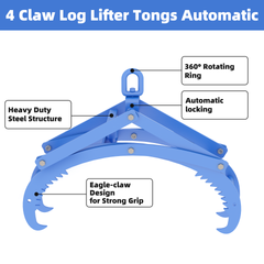 20in Automatic Log Tongs for Tractor, Heavy Duty 4-Claw Logging Tongs with Auto-Latching & 360° Rotating Hook, 2000lbs Capacity Log Grapple for ATV, Skid Steer, Forklift
