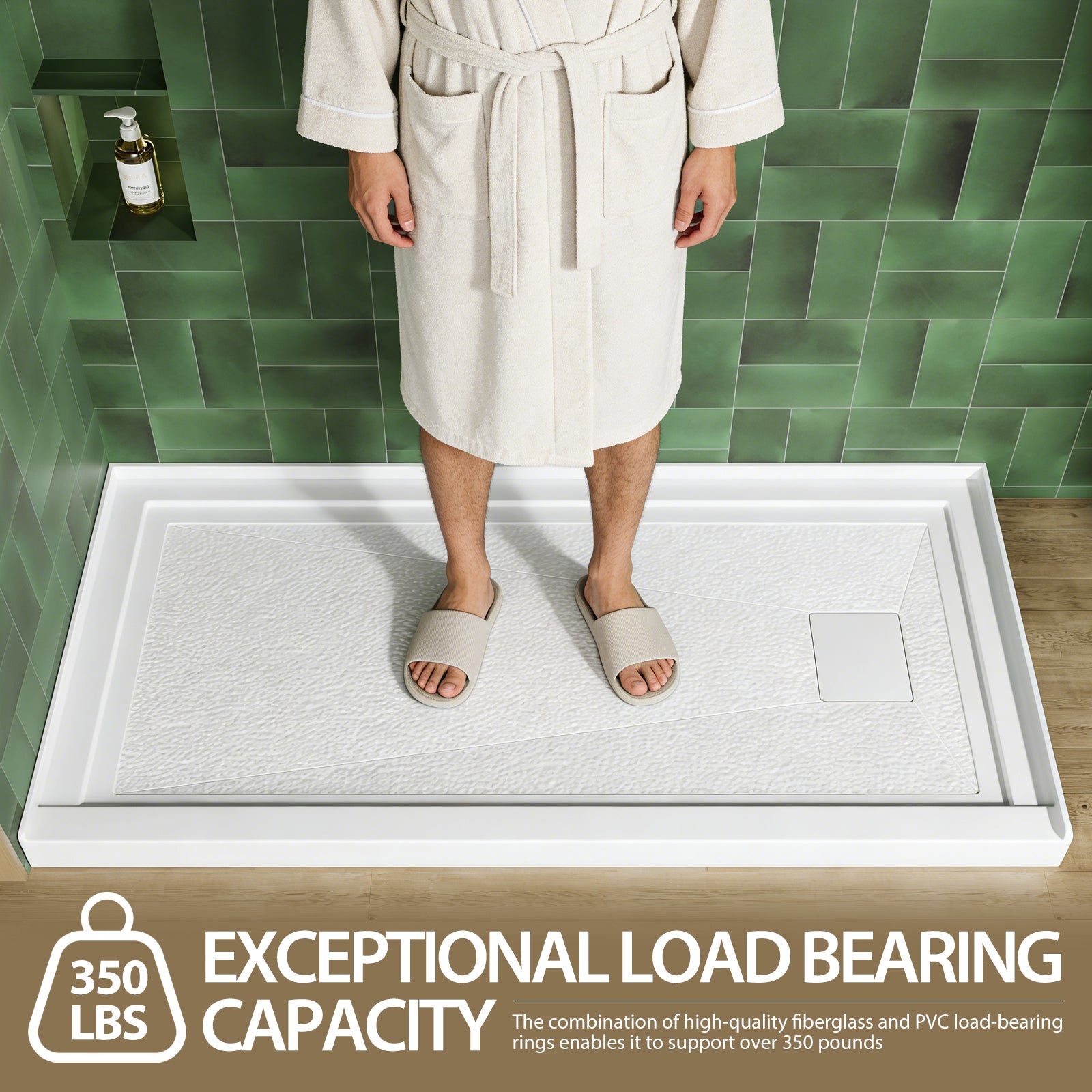 60x32 Inch White Acrylic Shower Base, Right Drain, Non-Slip Surface